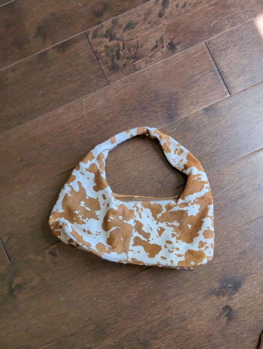 Cow Print Crescent Shoulder Bag - Tan & White